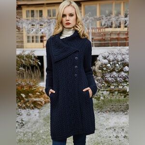 Aran Irish Merino Wool Oversized Collar Cable Knit Sweater Coat Quiet Luxury